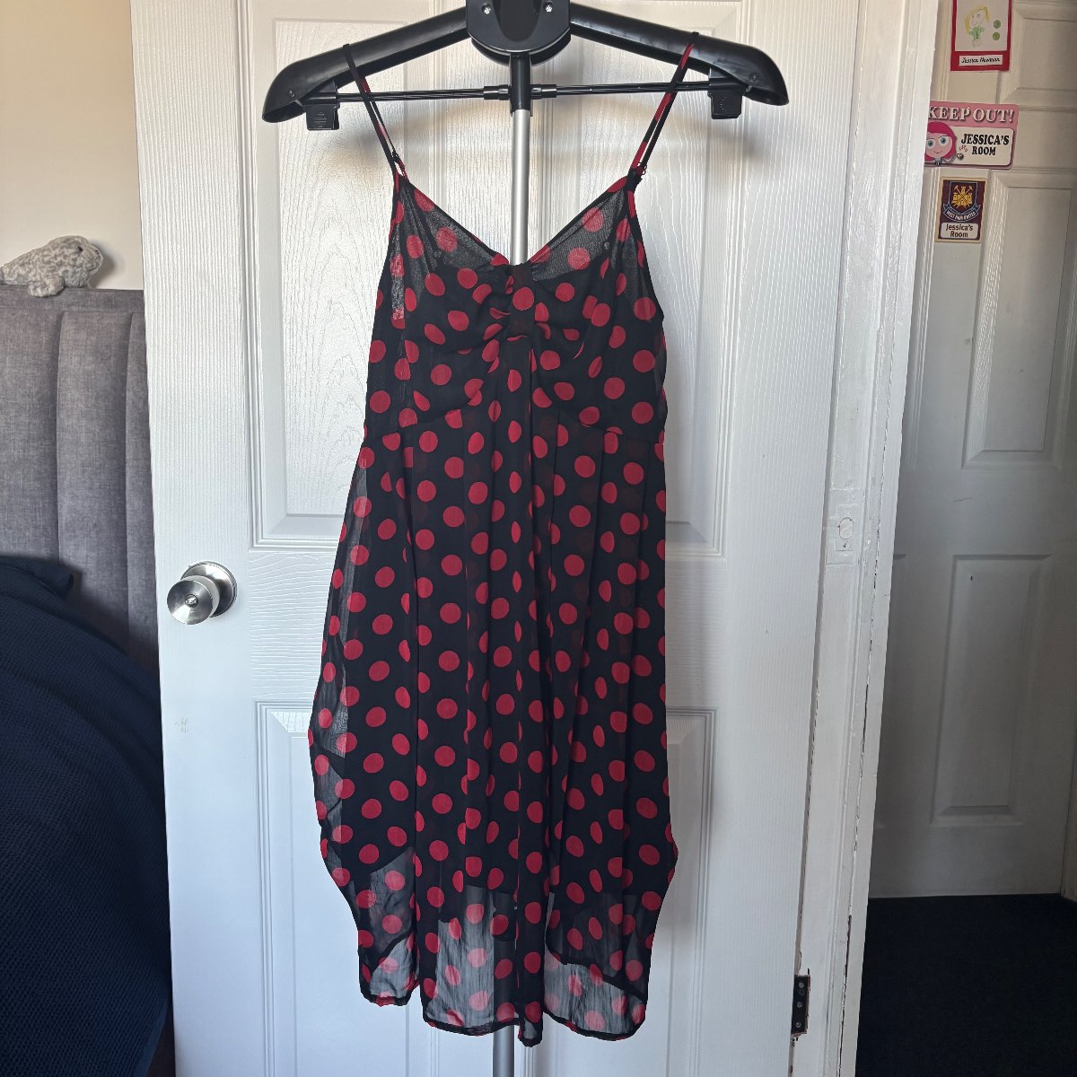 M Butterfly Red & Black Polka Dot Dress Spaghetti Straps Size UK 10 Y2K 2000's Vintage Brand Retro