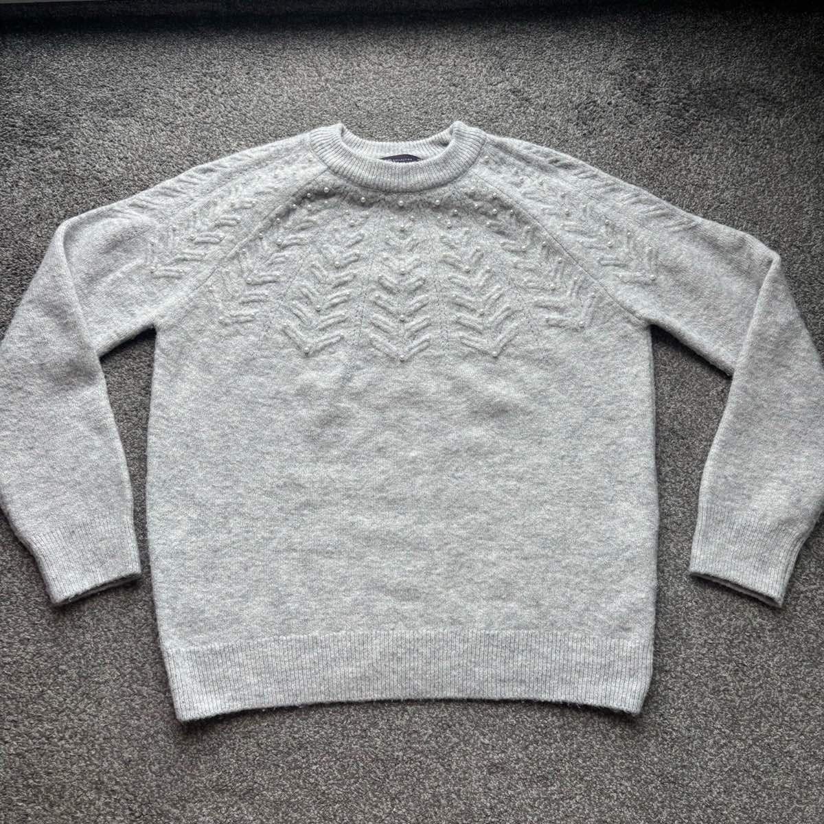 M&S Collection Grey Marl Knit Jumper Pearl Embellishment Round Neck Long Sleeve Winter Size UK 12/14