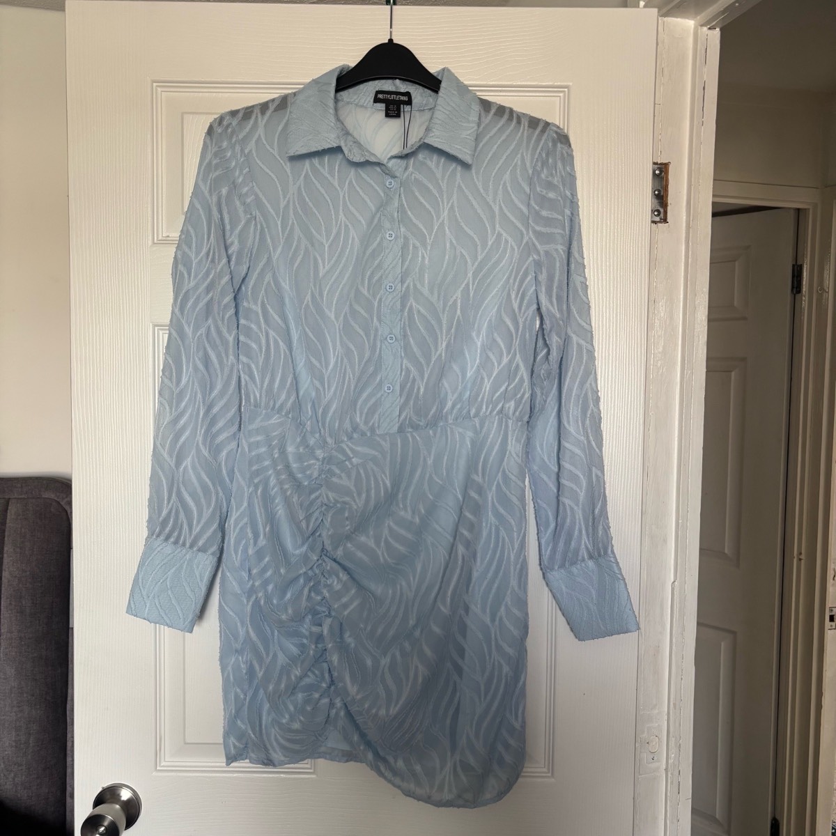 PLT Baby Blue Sheer Mini Shirt Dress Long Sleeve Size UK 14 Y2K
