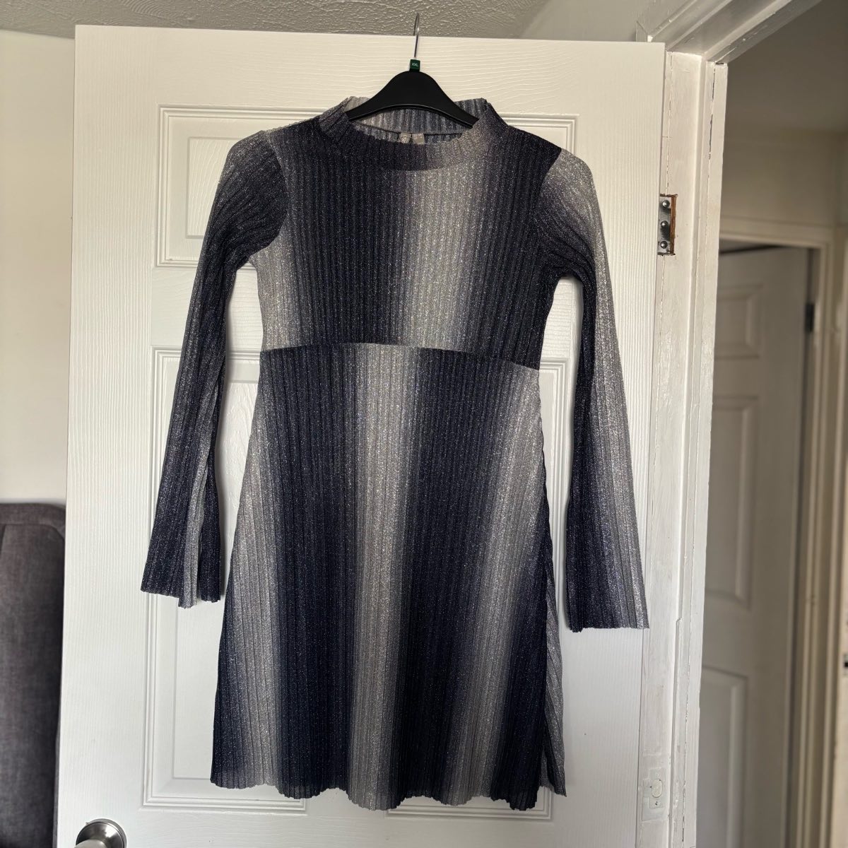 ASOS Black & Silver Sparkly Sheer Dress Size UK 8 Festival Glitter Long Sleeve Stretch BNWT