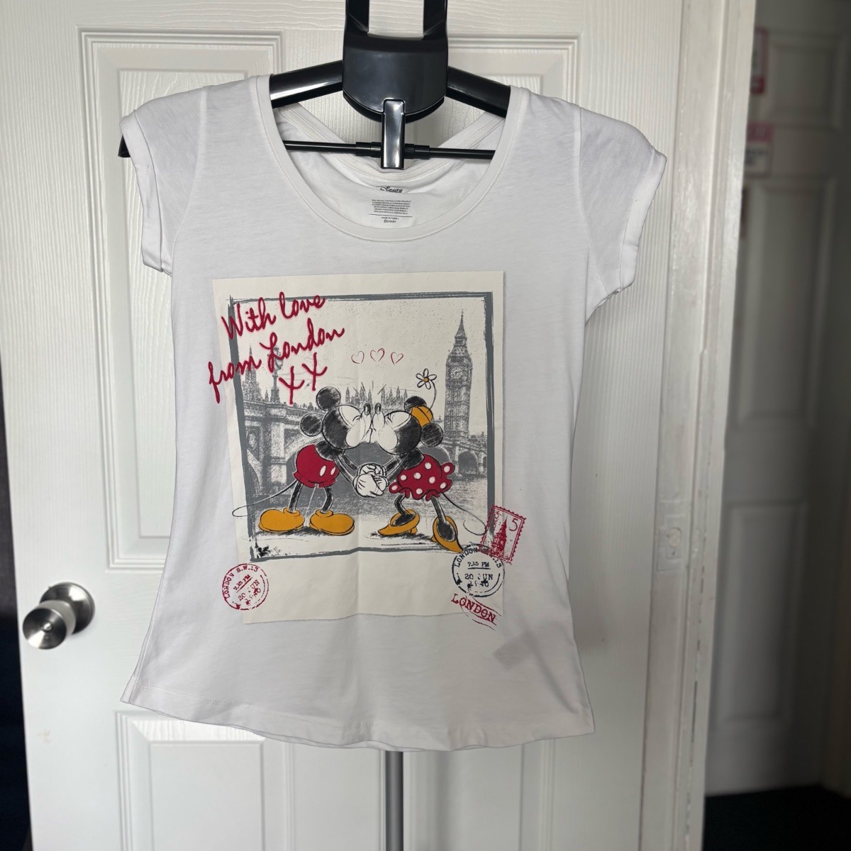 Disney Mickey Mouse Minnie Mouse White T Shirt Cotton Short Sleeve Round Neck Size UK 6