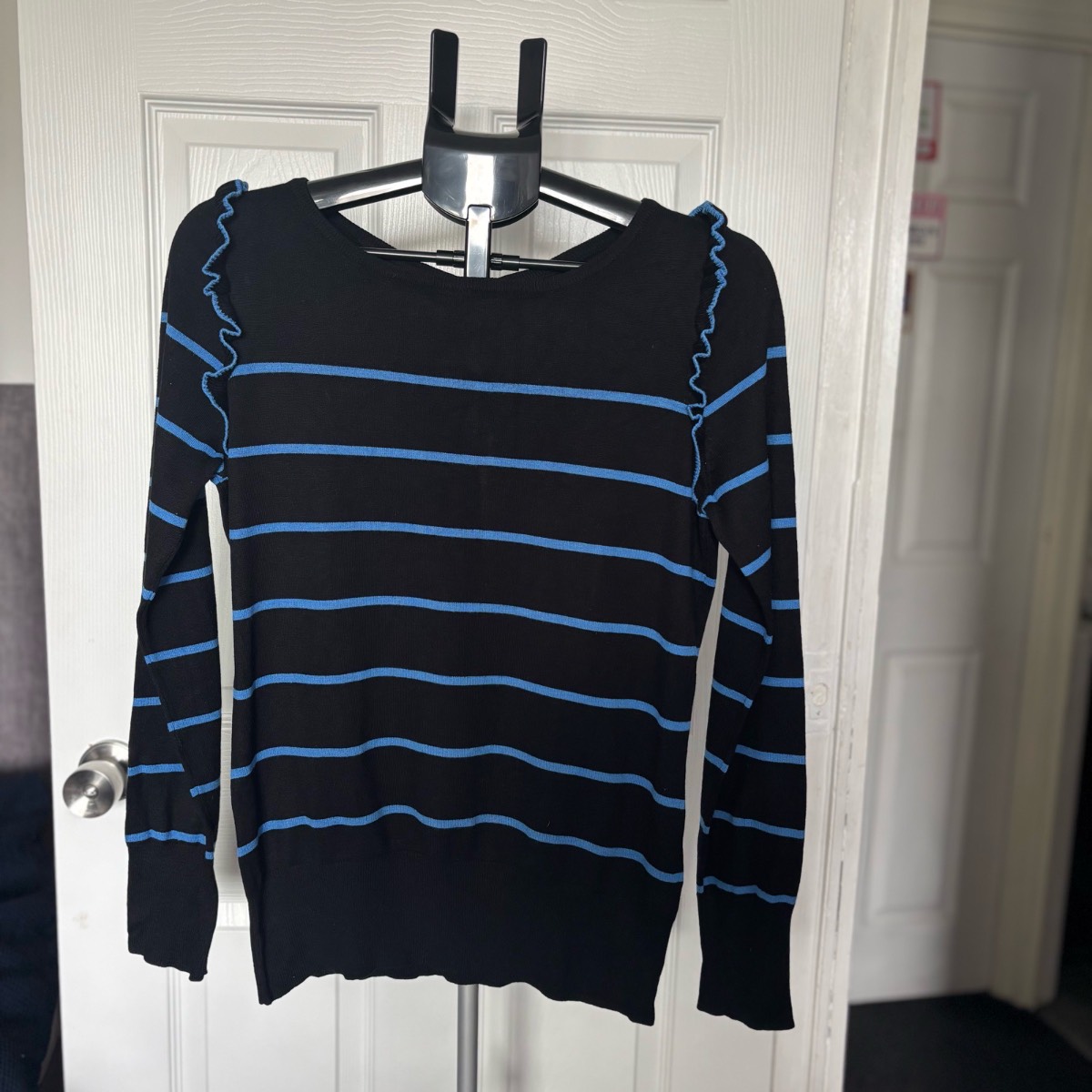 Debenhams Red Herring Black & Blue Striped Jumper Long Sleeve Frill Detail Round Neck Size UK 16