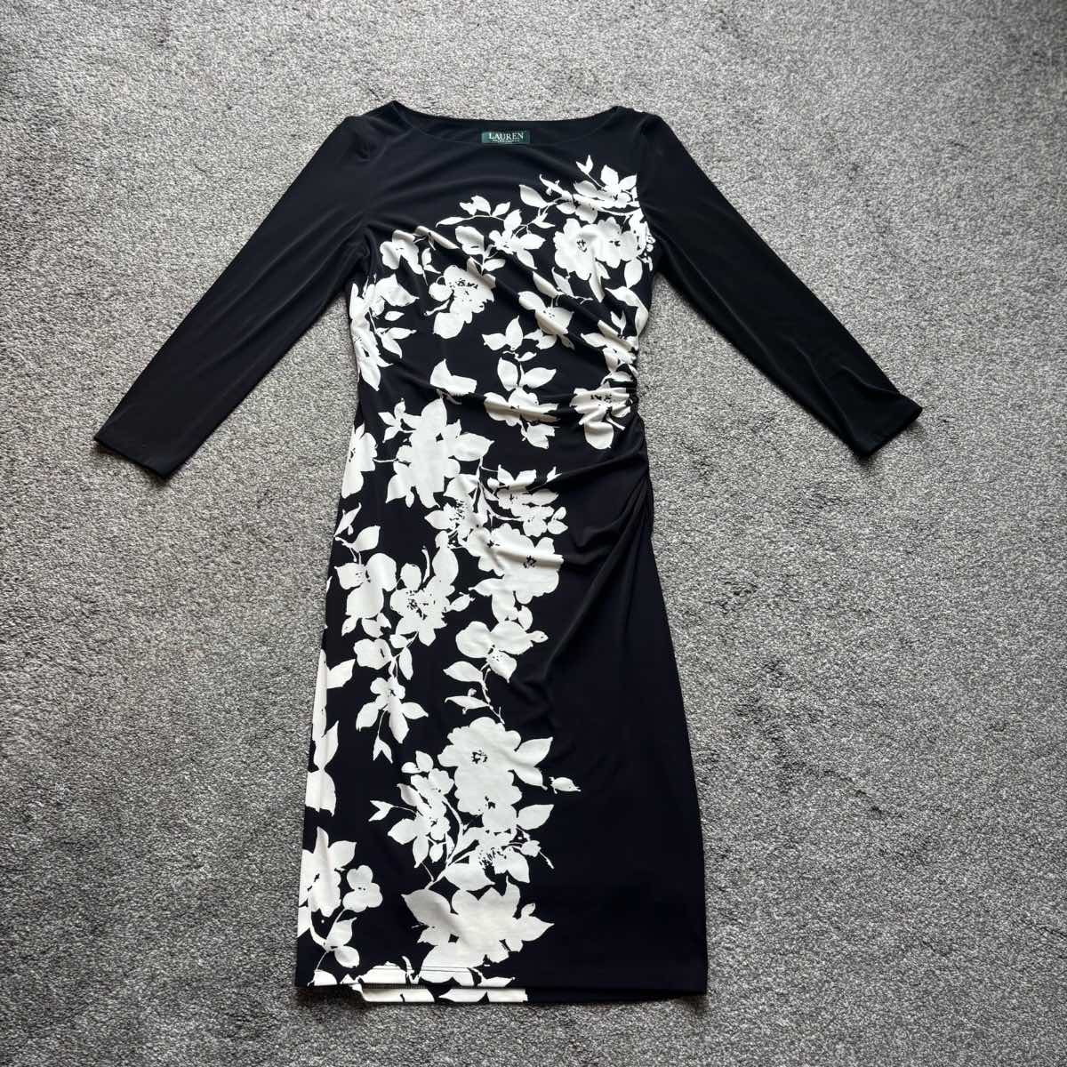 Lauren Ralph Lauren Black & White Floral Dress 3/4 Sleeve Boat Neck Size UK 6 Wedding Formal