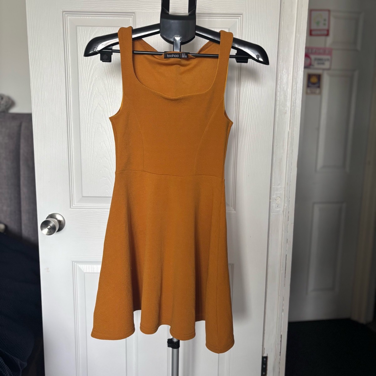 Boohoo Mustard Square Neck Skater Mini Dress Size UK 10 Sleeveless Holiday Streetwear