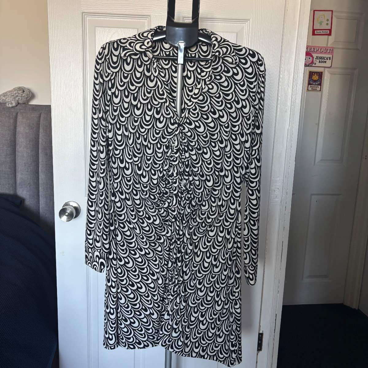 Next Black & White Geometric Retro 70's Mini Shirt Dress Long Sleeve Size UK 16 Monochrome