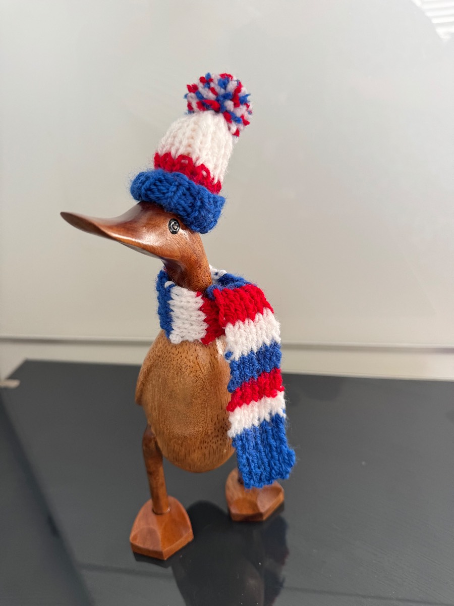 Wooden football support Duck in hat and scarf
