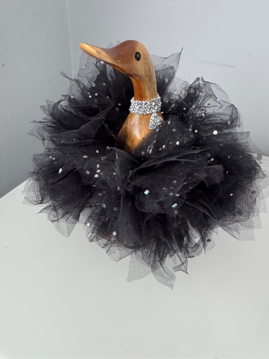 Stunning wooden duck in a black tutu
