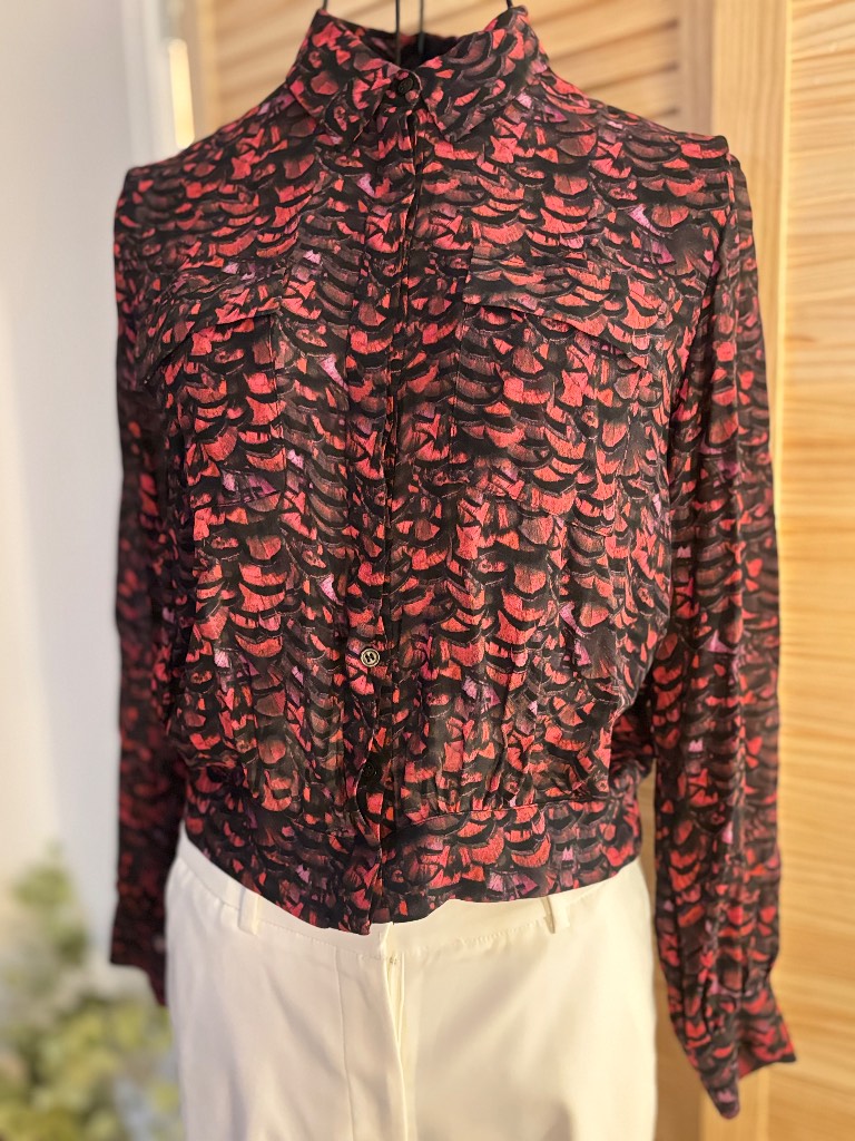 AllSaints Red Black Abstract Print Sheer Blouse Shirt XS 100% Viscose Long Sleeve