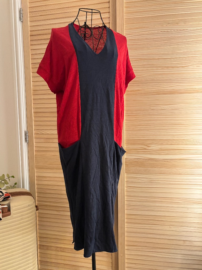 Jaeger 100% Linen Colour Block Dress Red Navy Blue Size S Relaxed Pockets Midi