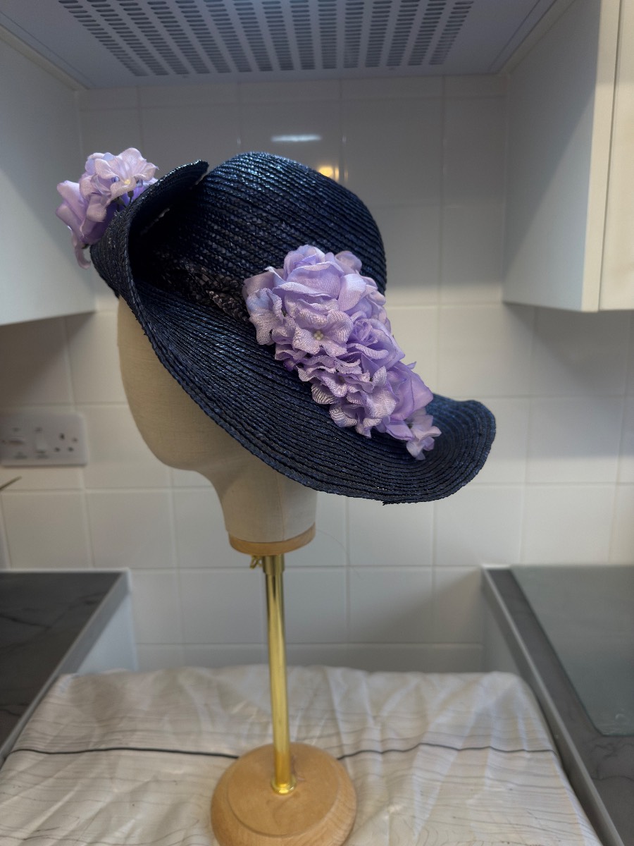 Vintage Navy Blue Straw Occasion Hat Wide Brim Wedding Ascot Races Floral