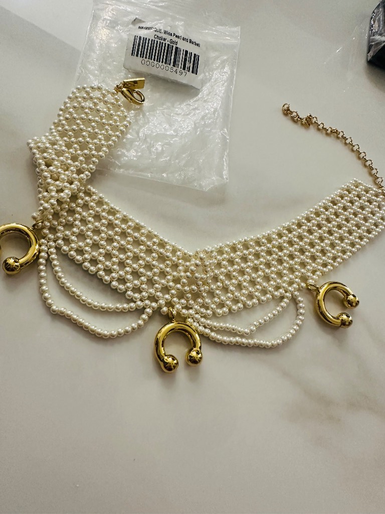 Regalrose magnifique wide pearl and barbell choker gold