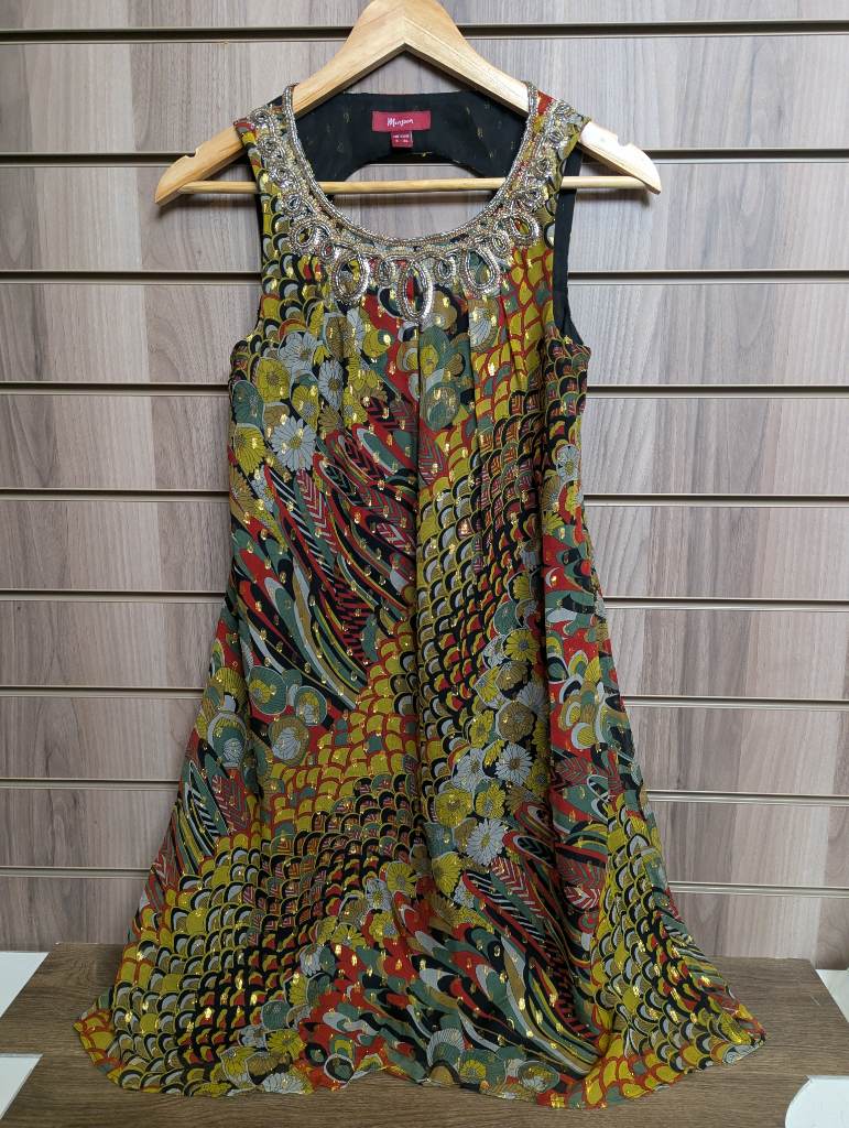 Monsoon Peacock Embellished Dress Ladies Holiday Luxury Glitter Midi Zip UK 8 Small