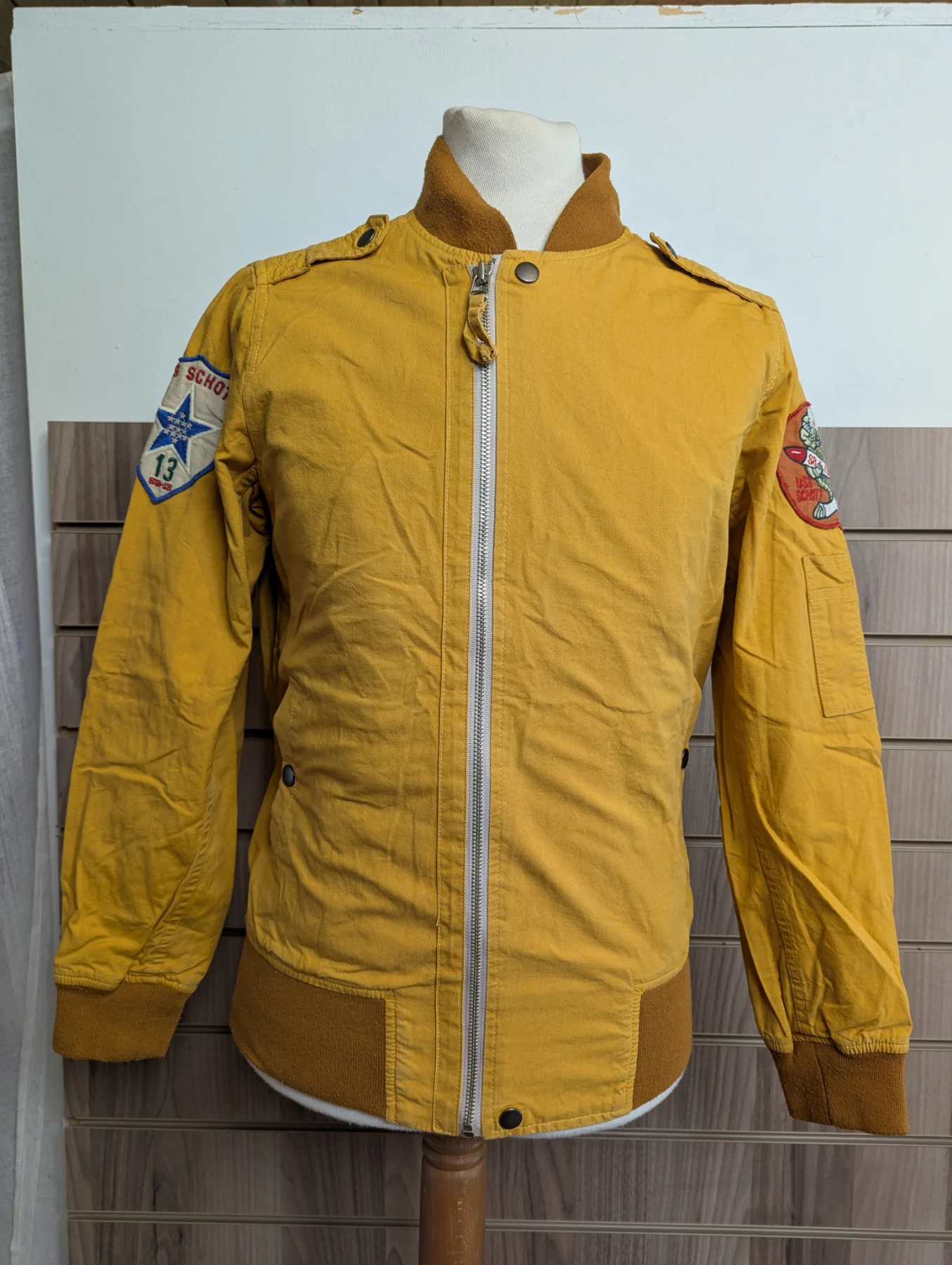 Schott Cotton Flight Patch Jacket Vintage Mustard Bomber  Asymmetrical Zip UK XS