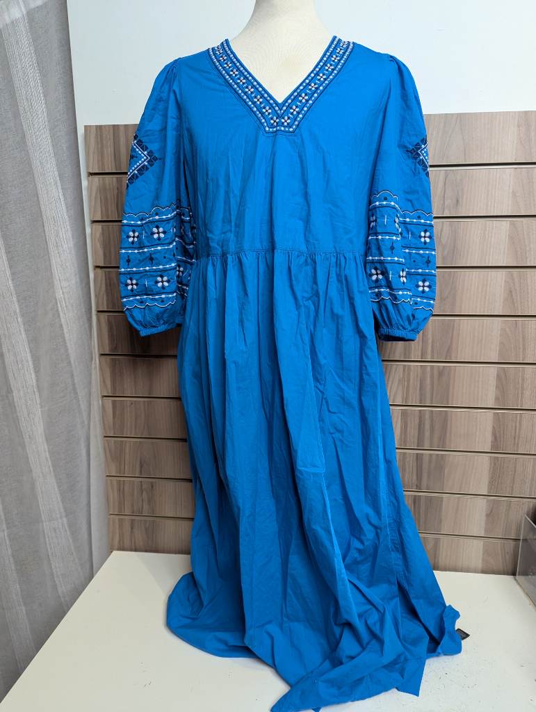 M & S Smock Festival Dress Ladies Puff Arms Embroided 100% Cotton Summer UK 14