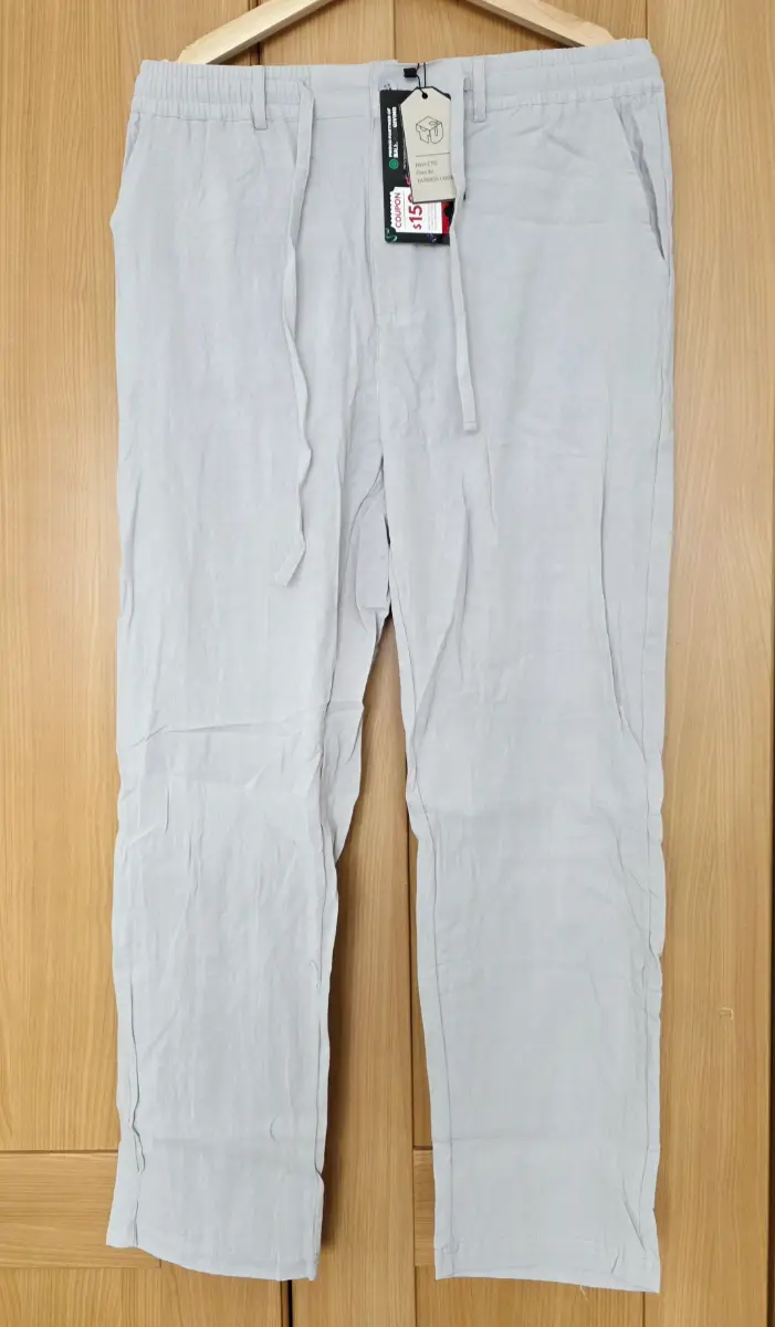 Mens Linen Cotton Trousers Casual Pants Summer Beach Lightweight Drawstring Trouser UK S, Light Grey