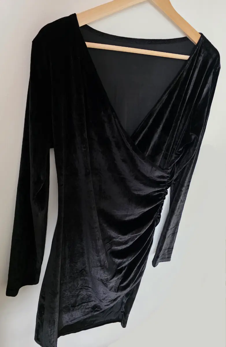 Black Evening Dress Party Dresses Women XL Velvet Wrap V Neck Long Sleeve Ruched mini Bodycon