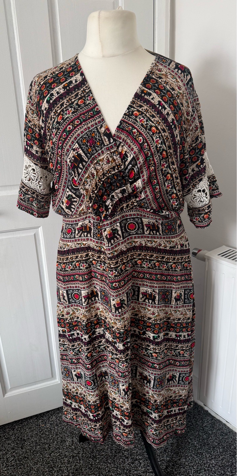 cotton traders elephant print boho midi dress bnwt lace sleeves 100% viscose uk 18
