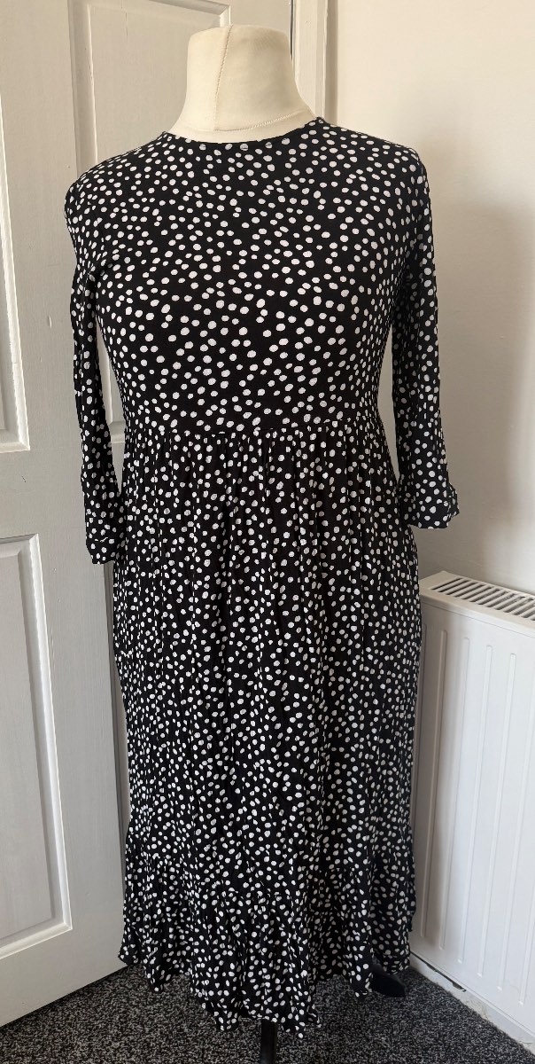 Zara Black White Polka Dot Tiered Midi Dress XS UK 6-8 Viscose
