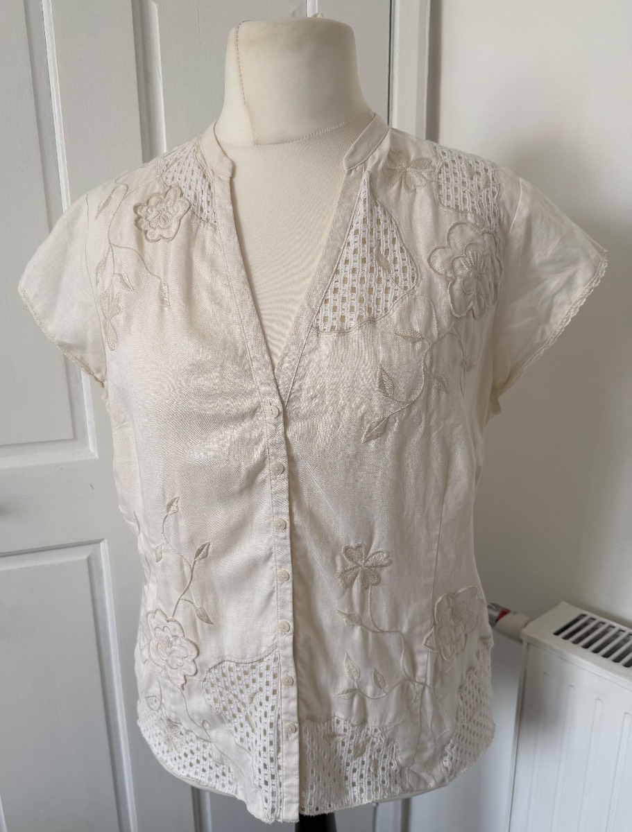 per una embroidered linen blend floral lace blouse top cream size 18 boho cottagecore