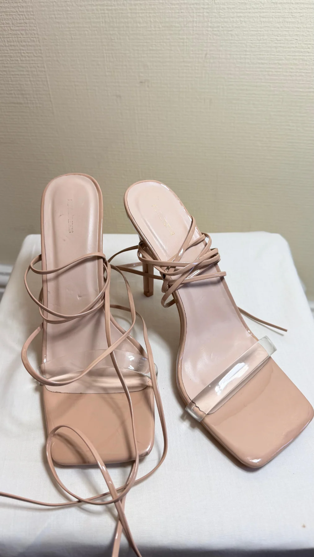 PrettyLittleThing Nude Strappy Lace-Up Heels | Size 6 | Square Toe
