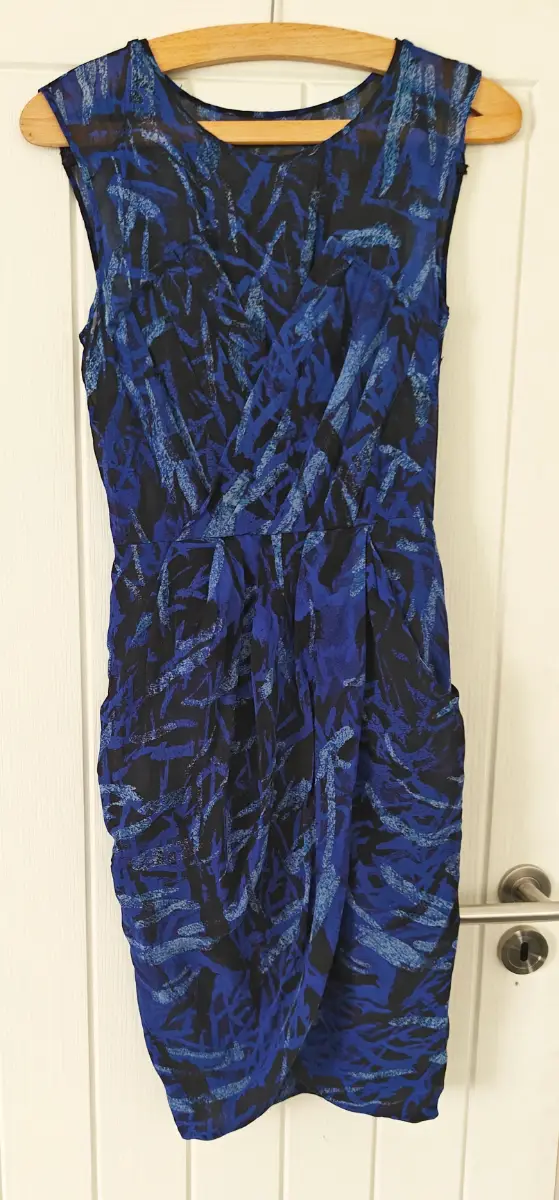 Whistles 100% Silk Dress Blue Black Abstract Print Cocktail Party Draped UK 6