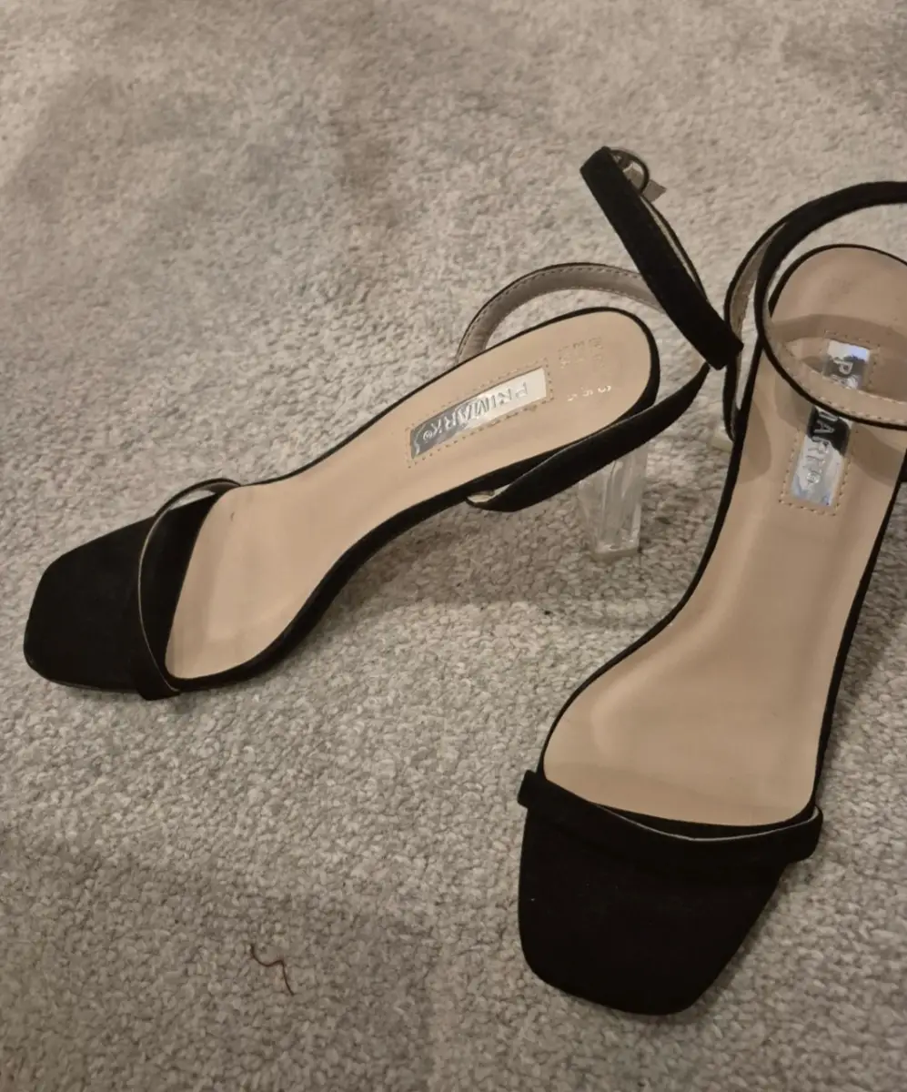 Summer Strappy black sandals open toe, clear perspex clear heal size 3
