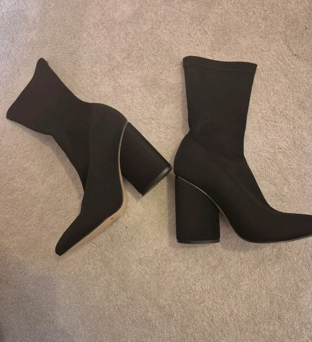 PLT black sock boots block heel pointed toe size 4