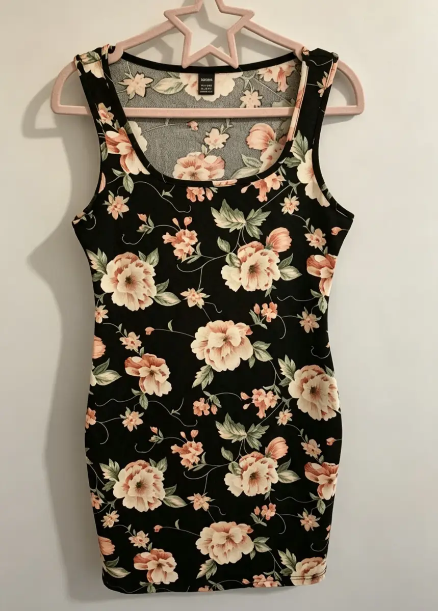 SHEIN Black Floral Bodycon Mini Dress | Size M (UK 10-12) | Sleeveless