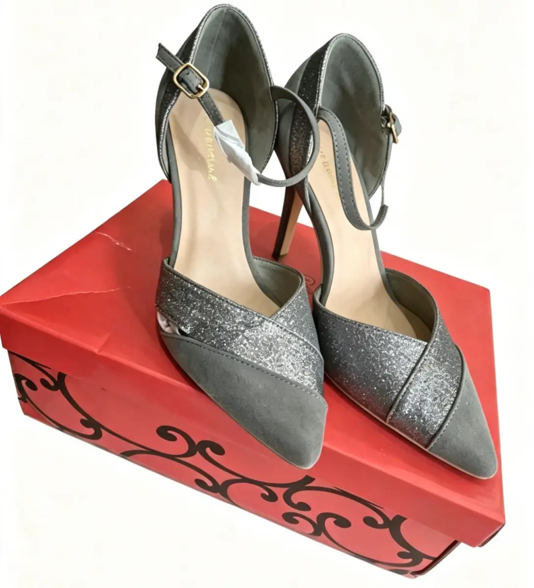 Sabatiné Grey Glitter Court Heels with Ankle Strap UK 4 | Party Occasion Shoes | Boxed