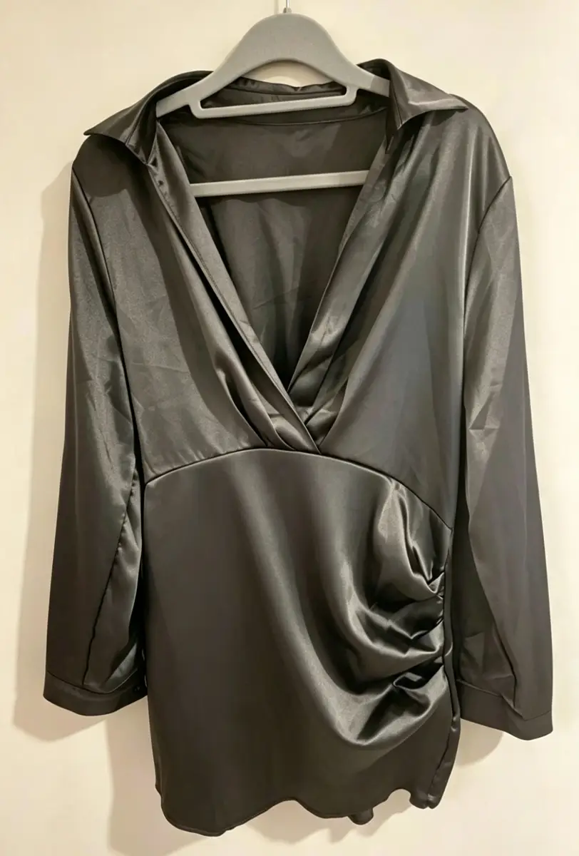 Black Satin look tunic Shirt Dress | Size XL | Long Sleeve Wrap Ruched Side
