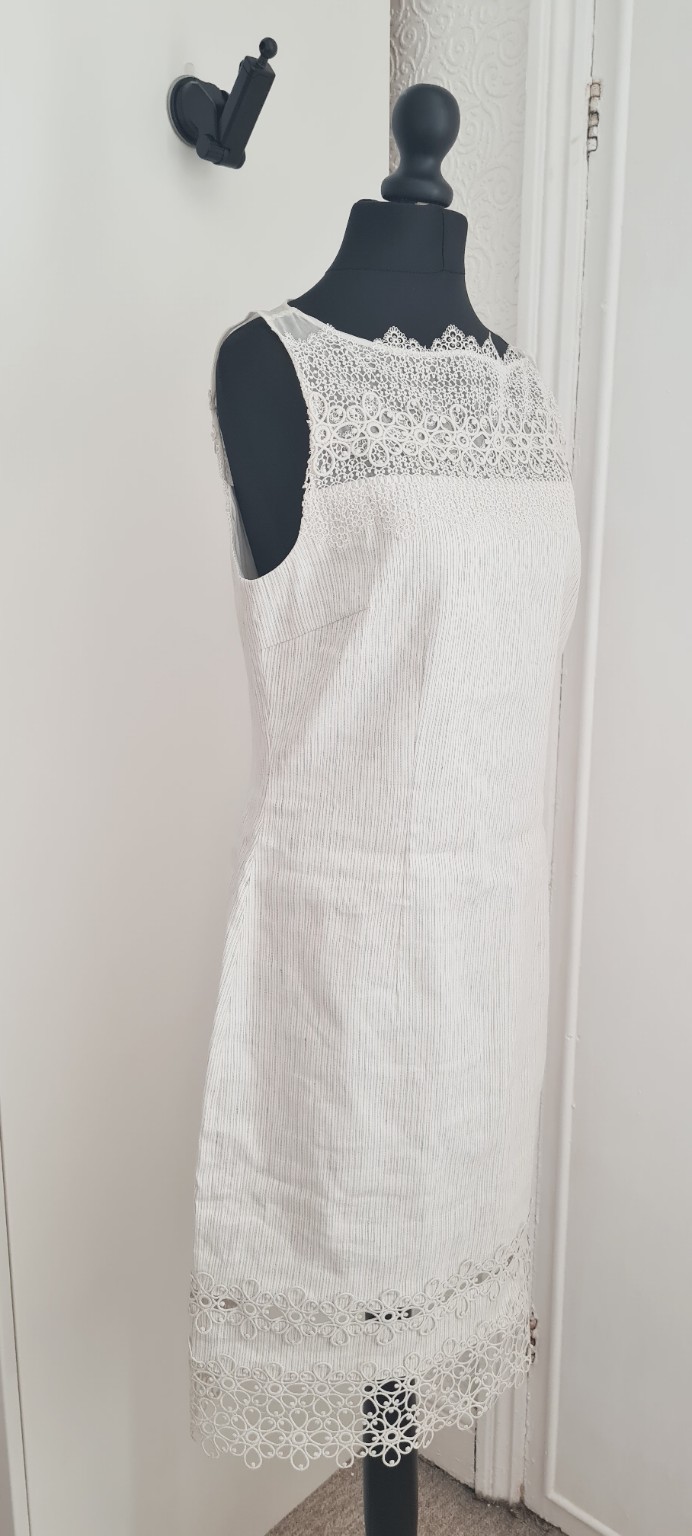 Elie Tahari white linen blend lace detail sheath dress sleeveless occasion UK14