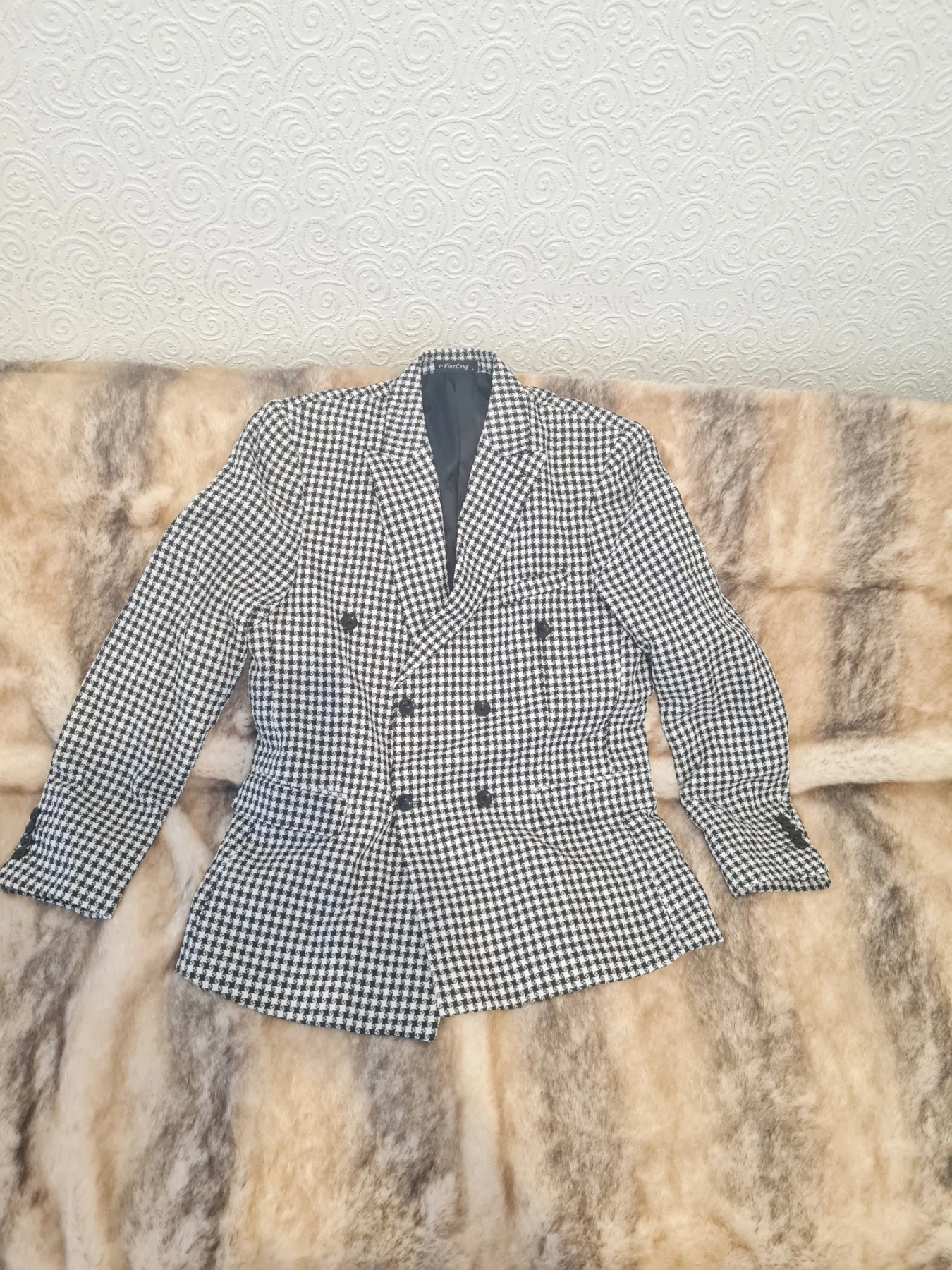 Houndstooth Double Breasted Blazer Black White Size L