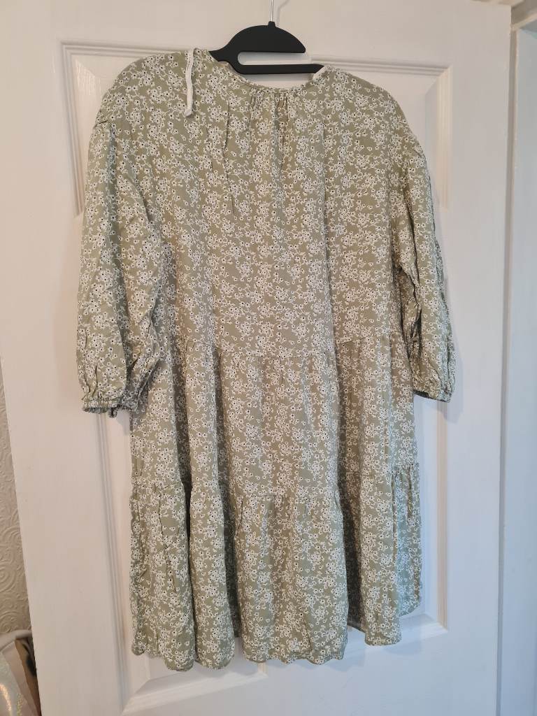 Primark floral smock dress sage green long sleeve boho midi UK 12