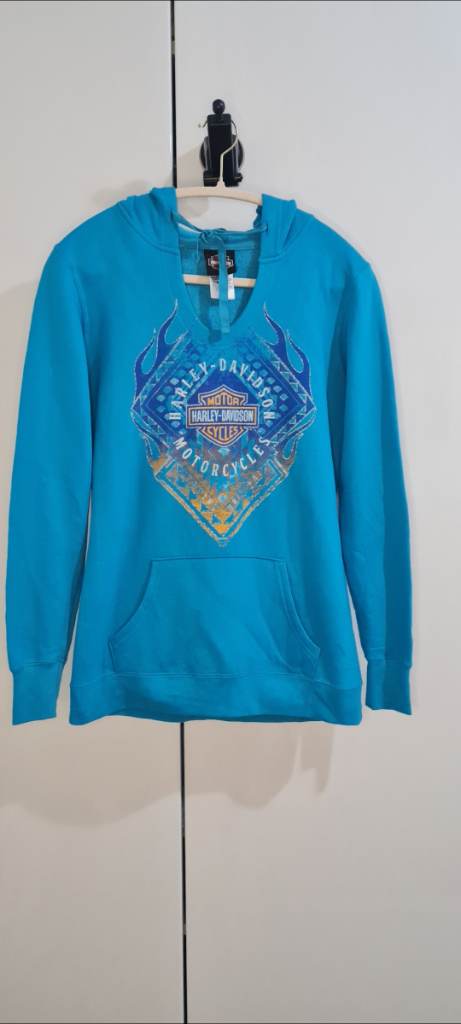 Harley Davidson Women's Teal Blue Pullover Hoodie Size S Flame Graphic Biker Sweatshirt