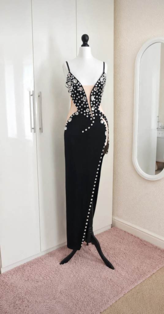Fashion Nova Luxe Black Rhinestone Embellished Maxi Dress Size S Cut Out Gown