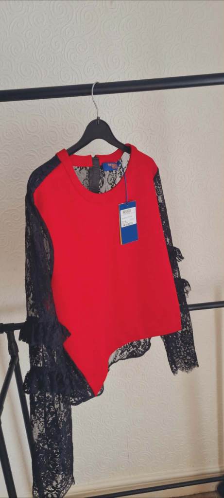 Trussardi Jeans red lace sleeve blouse top designer elegant party UK 14 new