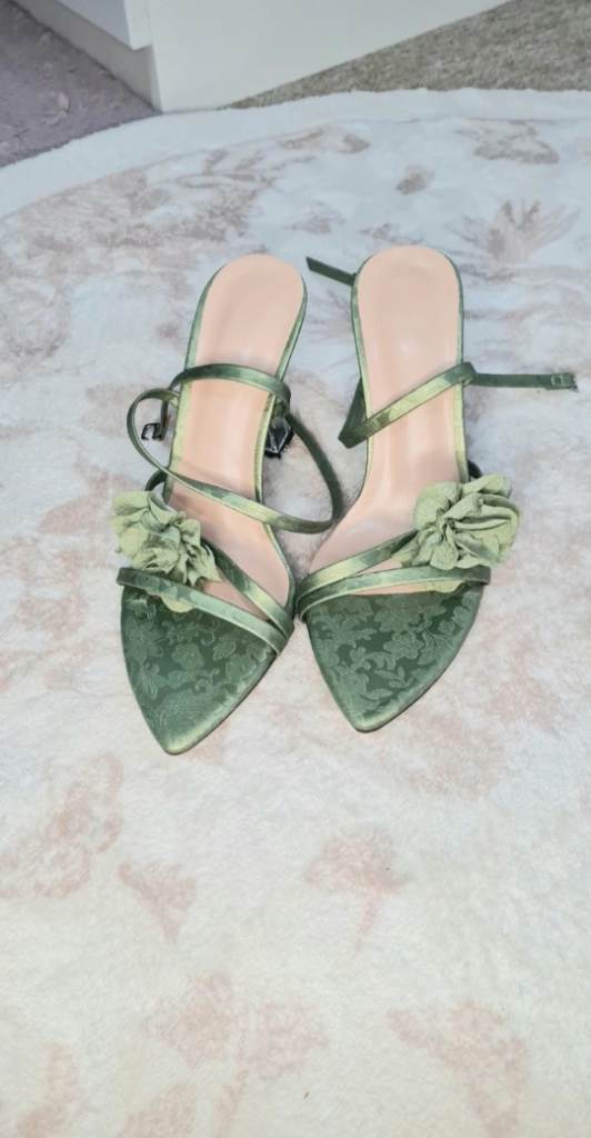 Green floral satin heels clear heel strappy sandals party wedding shoes EU 37