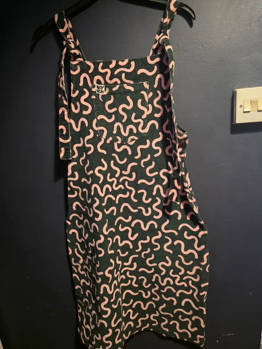 Lucy & Yak Organic Corduroy Pinafore Dress - Pink Squiggle Print - Size M