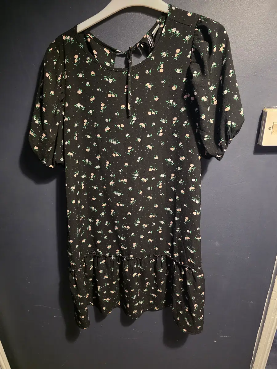 H&M Divided Black Floral Smock Dress with Puff Sleeves - Size M