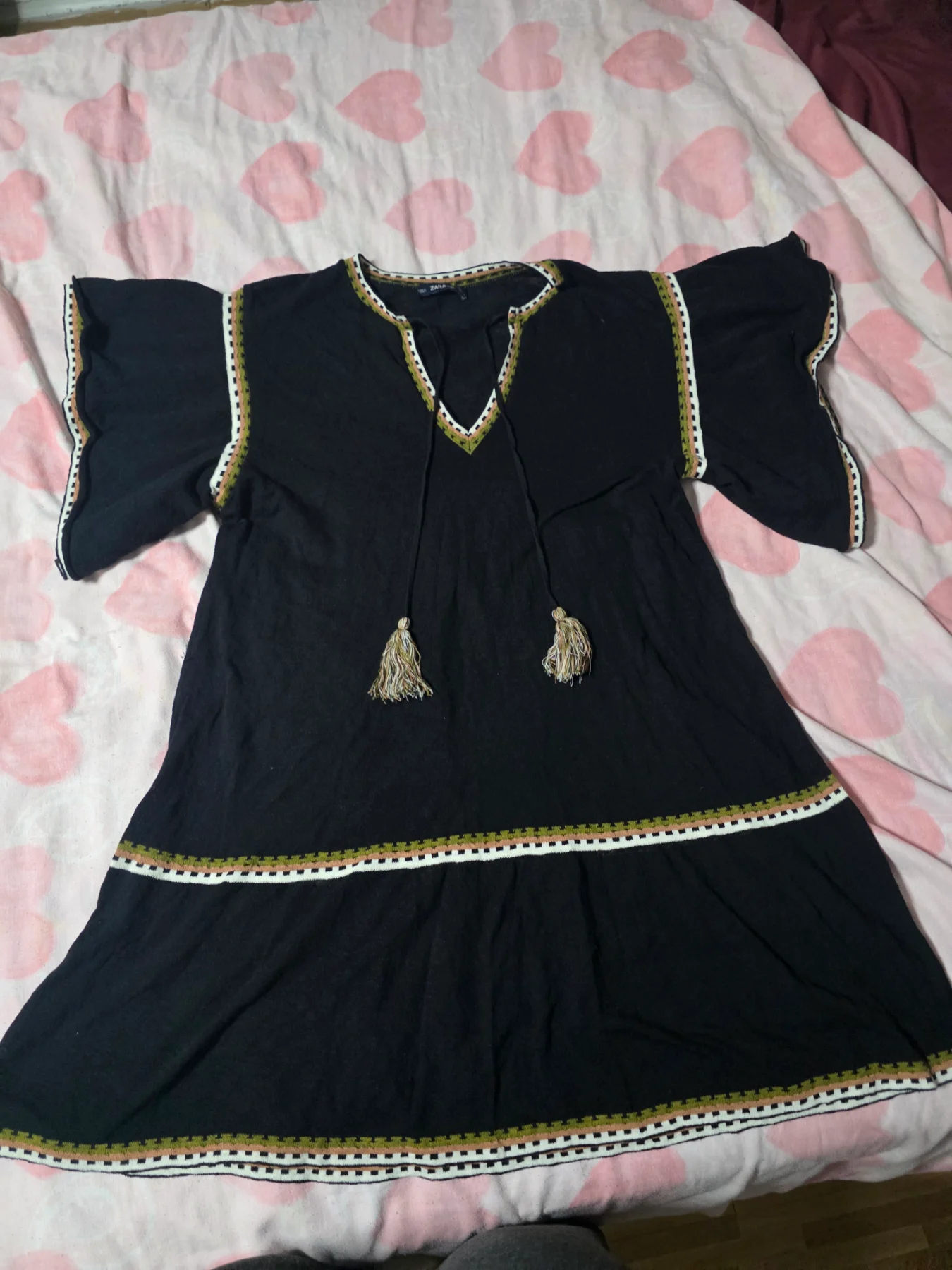 Zara Knit Black Boho Tunic Dress with Tassels Size S