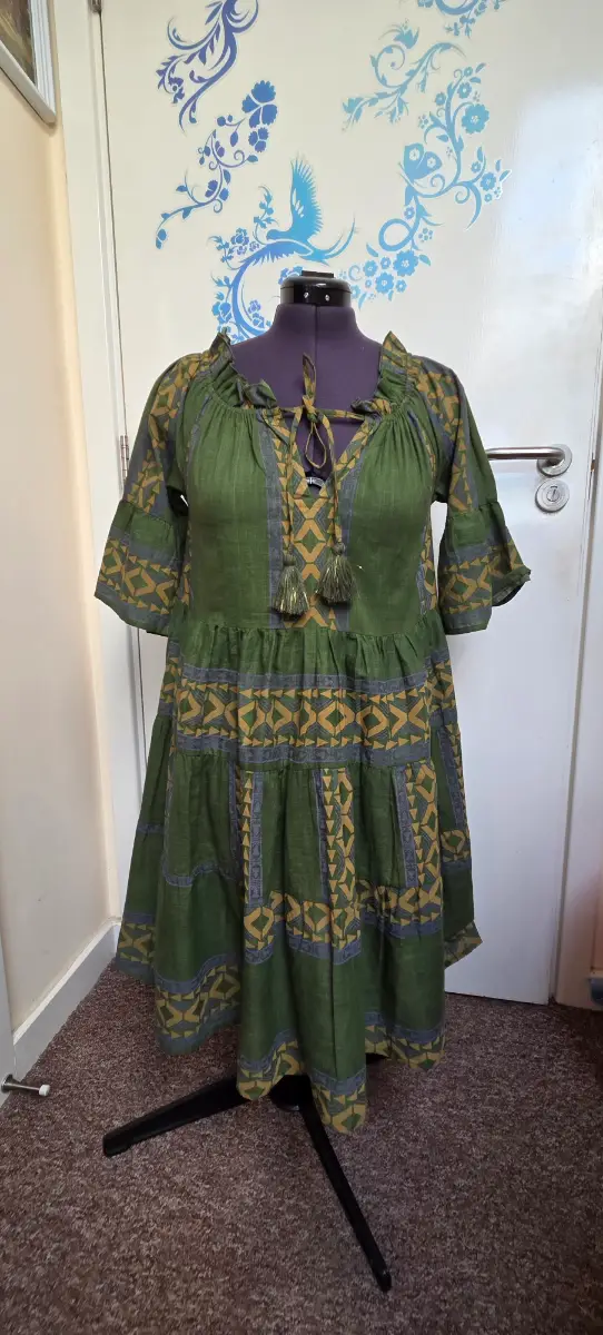 Izabel London Women's Embroidered Cotton Green Short Dress UK8 Cottagecore