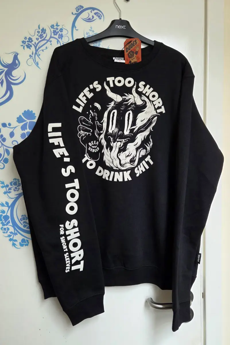 The Dudes Men's Black Organic Cotton Printed Sweatshirt XL Berlin Life's Too Short