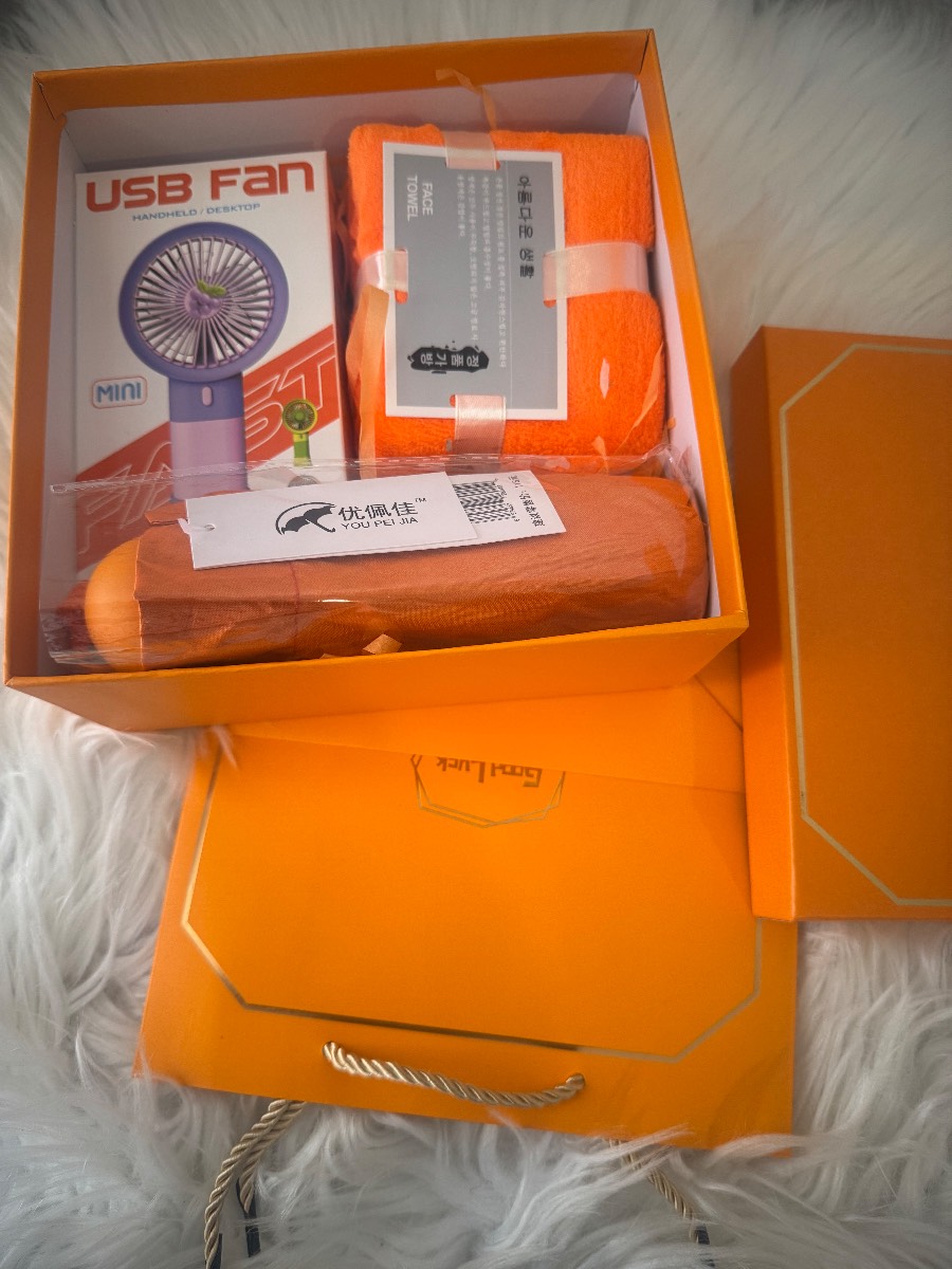 3-Piece Travel Gift Set with USB Mini Fan, Foldable Umbrella & Face Towel – Premium Orange Gift Box