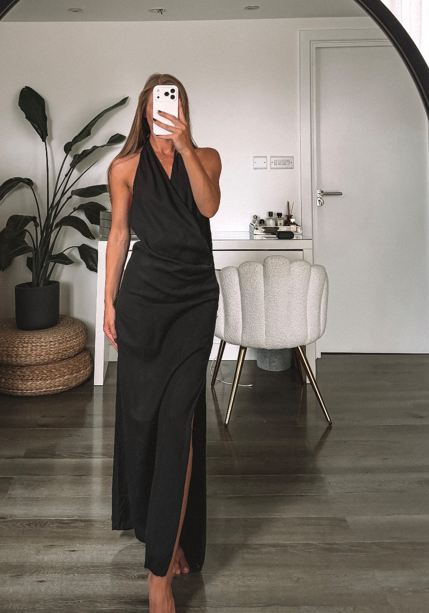 Zara open back long black halter dress