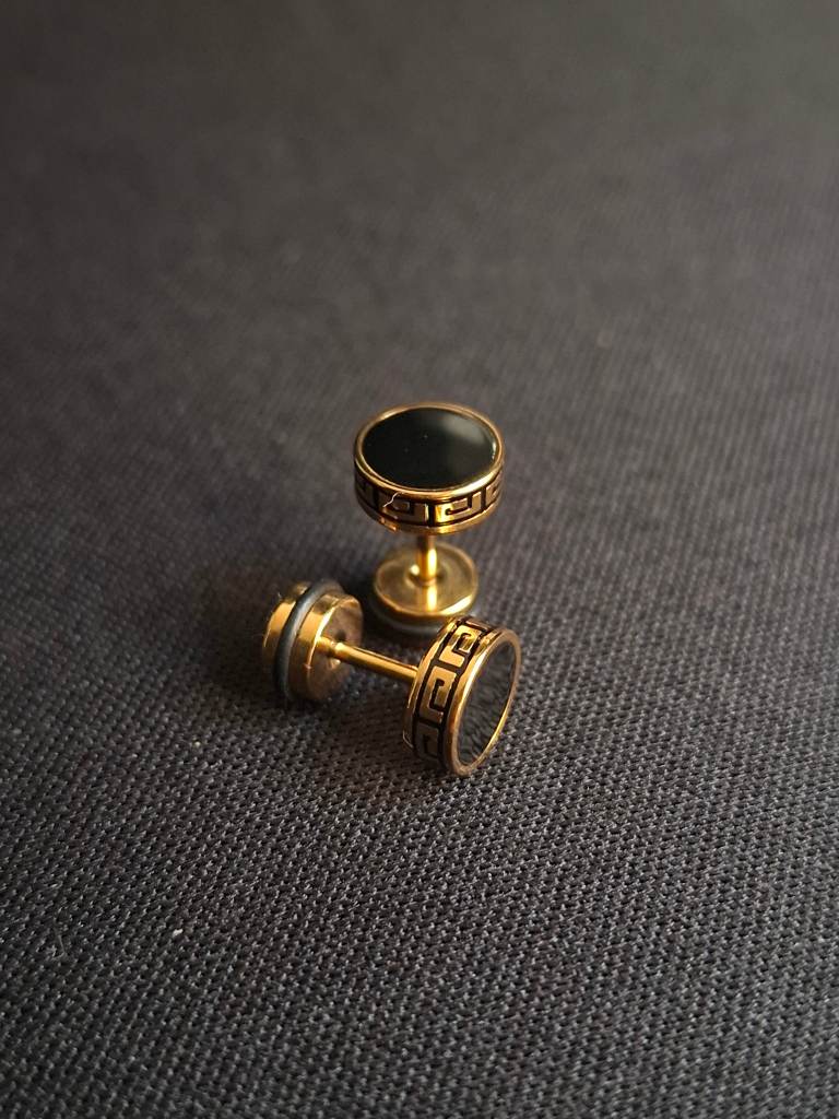 8mm Black and Gold Greek Style Stud Earrings men's women's unisex