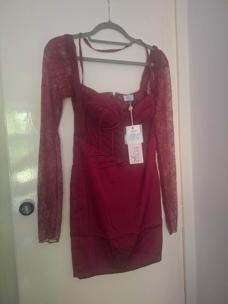 Oh Polly Red Wine Mini Dress Long Sleeves UK8