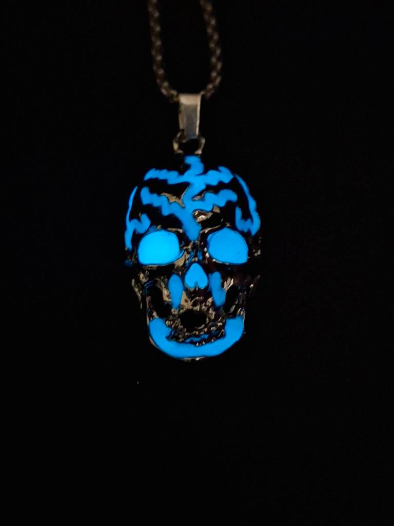 Blue Skull Glow in the dark luminous pendant necklace alternative halloween