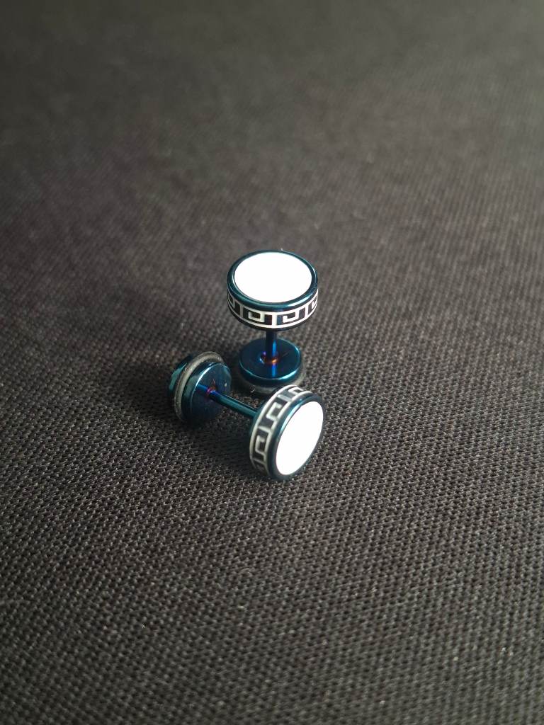 Metallic Blue and White 8mm Stud Earrings Greek Style screw on back men's women's unisex