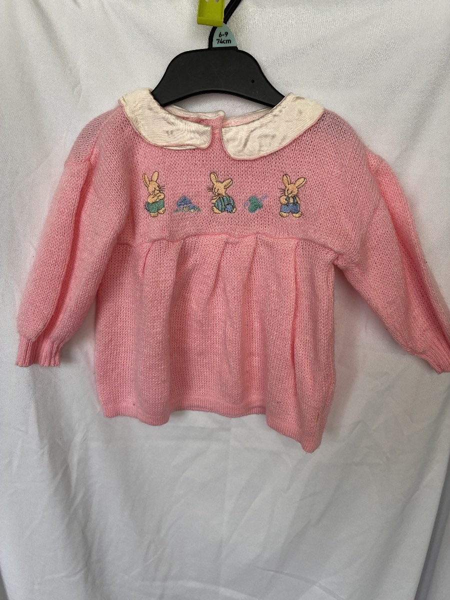Vintage cute early 90s pink knit rabbit motive and silk collar dress girl 6-12 months