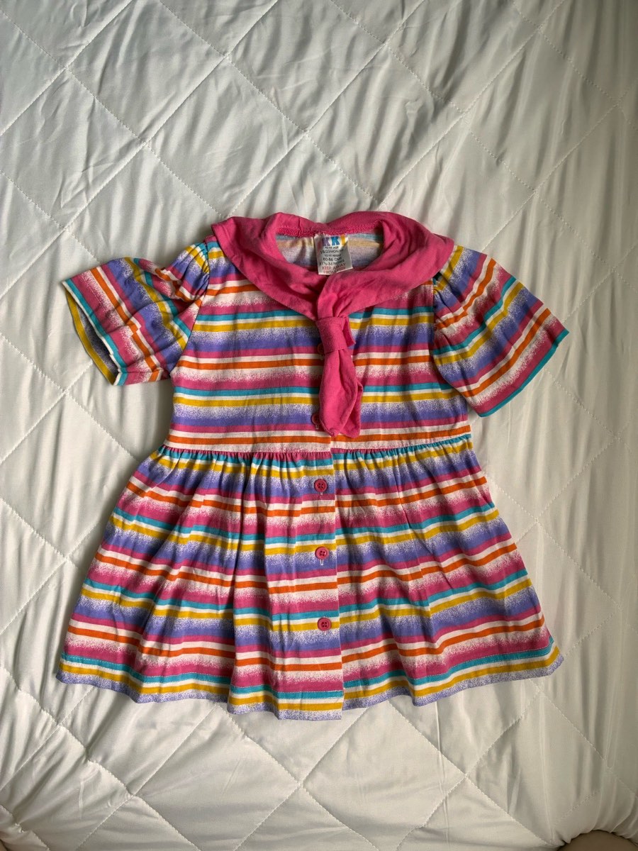 Vintage 80s 90s IKKI Rainbow Stripe Sailor Dress Toddler Girl Drop Waist Retro 18 - 23 months